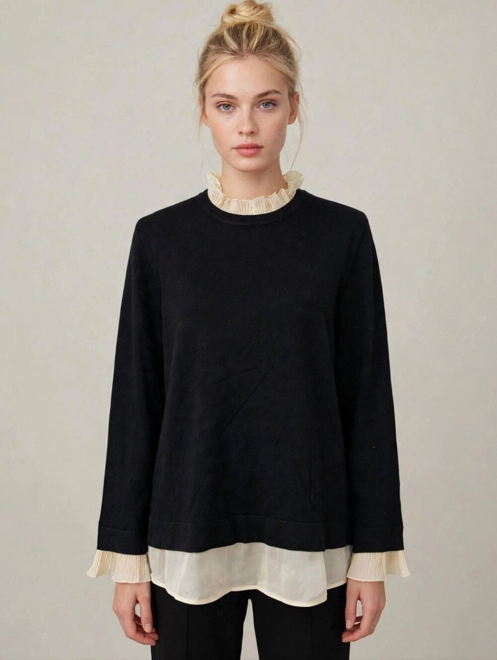 NWT@$90! THE LIMITED! LUXE BLACK FINE KNIT SWEATER W/CREAM SATIN SKIRT/DETAIL! L